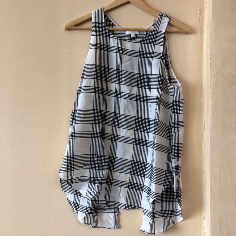 WILFRED Silk Tank Scoop Neck Sleeveless Open Back Scarf Top Plaid Checks Stripes